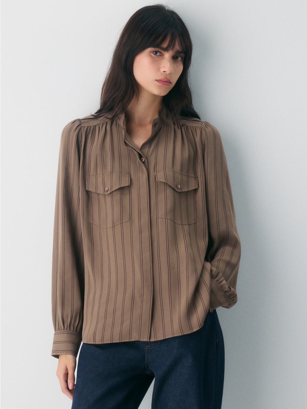 Aritzia Taupe Striped Button-Front Blouse